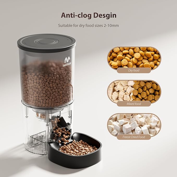 IMIPAW Automatic Cat Feeders, 5L Large Capacity, Timed Feeding Dry Food, Dual Power Design, Programmable Portion Size, 1-6 Meals Per Day, with Desiccant, Suitable for Small Pets Food Dispenser, Black