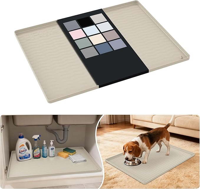 URMONA Waterproof Silicone Under Sink Mat 25'' x 19'' Shelf Liner for Kitchen and Bathroom, Cabinet and Counter Protector, Storage and Organizers, Litter Mat, Pet Cat Puppy Essentials(Cream)