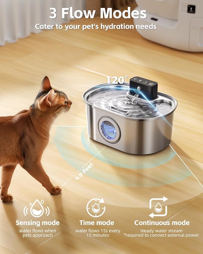 Cat Water Fountain Wireless - Stainless Steel 3.2L/108oz Cordless Pet Fountain - Battery Operated Automatic Water Dispenser for Cats Indoor, with Motion Sensor & Quiet Pump