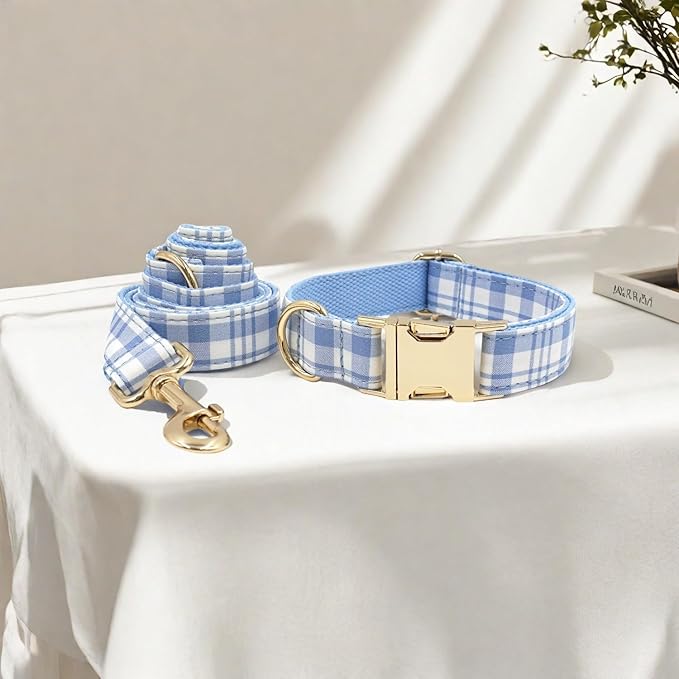 PETDURO Personalized Dog Collar Sky Blue Plaid for Large Medium Dogs | Engraved Name and Phone Number on Gold Metal Buckle for Boys & Girls | Add Leash & Bow Tie via Customize Now