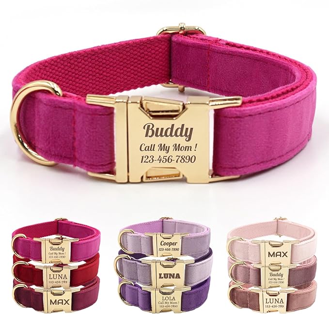 Velvet Personalized Dog Collar with Name - Customizable Dog Collar with Quick Release Metal Buckle - Leash and Bow Tie Available (Rose, XS)