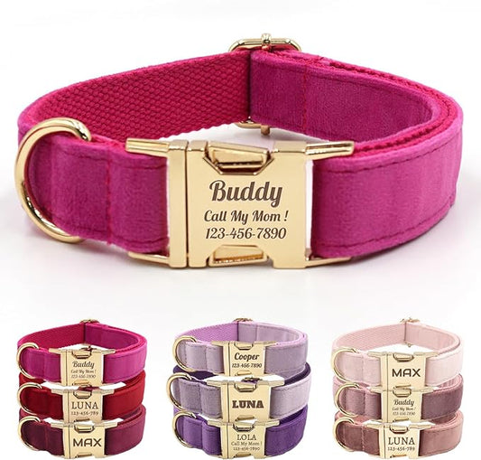 Velvet Personalized Dog Collar with Name - Customizable Dog Collar with Quick Release Metal Buckle - Leash and Bow Tie Available (Rose, XL)