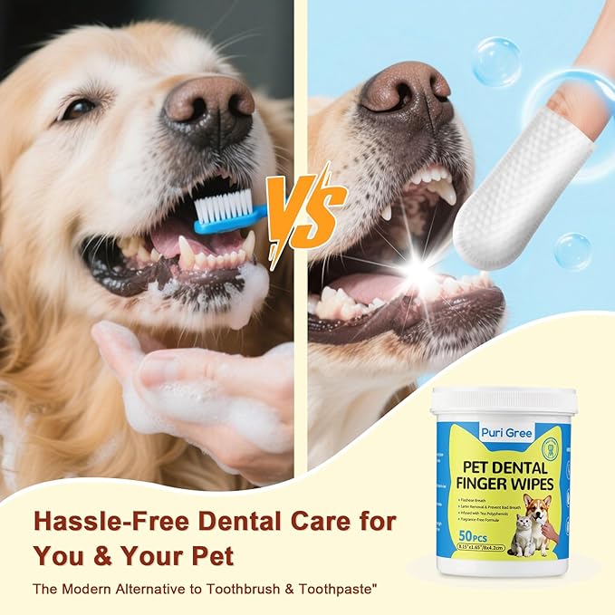 Teeth Cleaning Wipes for Dogs & Cats, Dog Dental Care Finger Wipes, Dog Tooth Brushing Kit, Reduces Plaque,Disposable Dog Wipes-50 Count