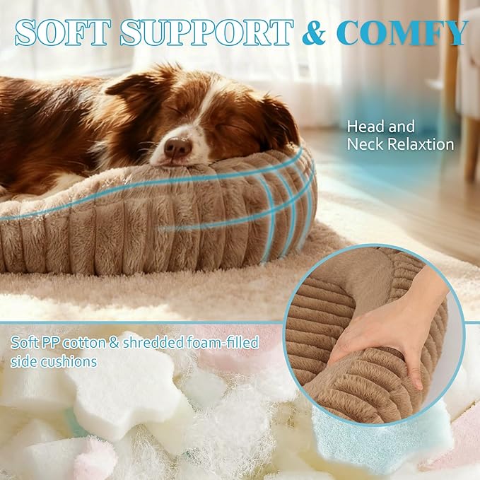 Cute Washable Dog Bed for Medium Large Dogs, Calming Furry Bolster Dog Bed, Durable Rectangle Anti-Anxiety Comfy Large Pet Bed, Removable Zipper Cover & Anti-Slip Bottom, 35x27x5inches, Brown