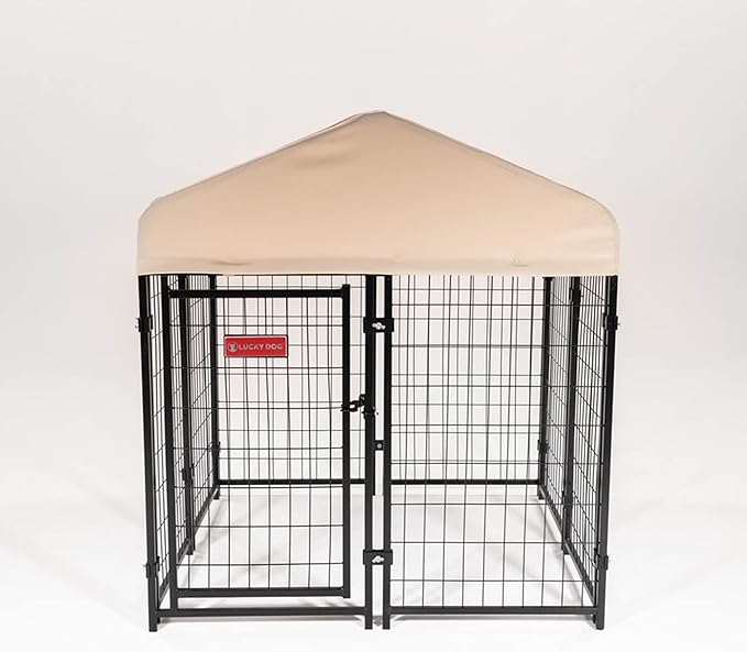 Lucky Dog Stay Series 4 by 4 by 4.3 Feet Studio Jr. Black Powder Coat Steel Frame Outdoor Dog Kennel with Waterproof Canopy Roof and Gate Door, Khaki
