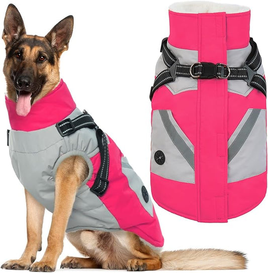 IECOii Dog Winter Coat with Harness Built in, Waterproof Windproof Dog Coats for Large Dogs, Thermal Fleece Cold Weather Jackets with Zip, Outdoor Warm Snow Jacket Reflective, Rosered, XXXL