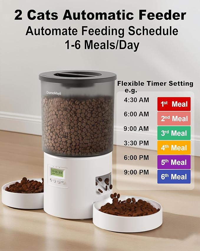 Automatic Dual Cats Feeder 2 Cats,Dual Power,Flexible Schedule Timer,6 Meals 12 Portions Per Day (Clear White, ABS Double Bowls)