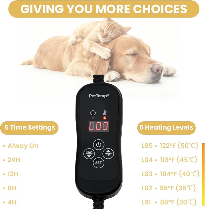 Cat Heating Pad, Heated Cat Bed with 5 Heat Levels, Timer & Auto Shut-Off, Waterproof Warmer with Thick Fleece Cover, Chew-Resistant Cord, for Indoor & Sheltered Outdoor Use, 16" x 13"