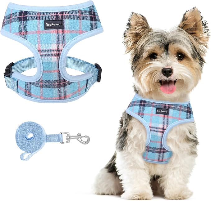 SCENEREAL Puppy Dog Harness with Leash Set for Small Medium Sized Dogs, Soft Mesh Step in Pet Harnesses and Leash, No Chock Plaid Adjustable No Pull Vest for Dogs Cats, Chihuahua,Bulldog (Blue S)