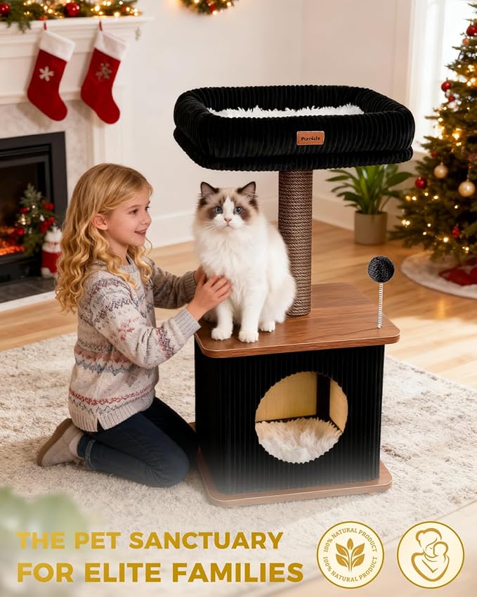 Modern Cat Tree for Indoor Cats, Nordic Loft Style, Wooden Cat Tower with Sisal Scratching Posts, Soft Padded Beds & Cozy Condos, Floor-Mounted for Kittens & Adult Cats