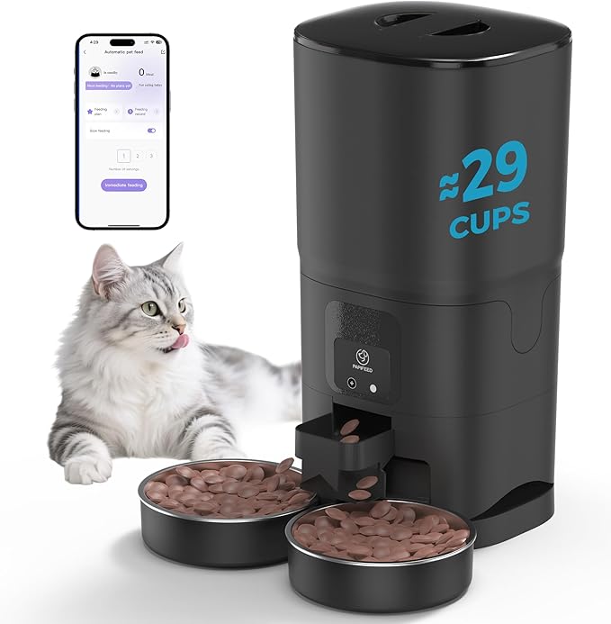 PAPIFEED Automatic Cat Feeder for 2 Cats, 2.4G WiFi Cat Food Dispenser with App Control, 7L Slow Feed Pet Feeder with 2 Stainless Bowls for Cats & Dogs, 12 Portions 10 Meals Daily - Black