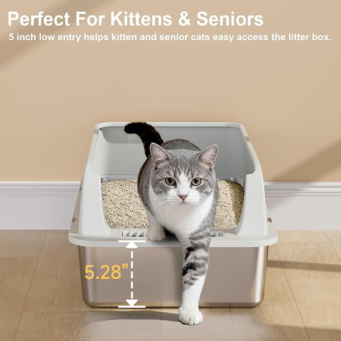 TENTIZON Stainless Steel Cat Litter Box with Lid, Open Top Large Metal Kitty Litter Pan with High Side, Litter Mat, Scoop for Indoor Cats, Kitten, Multi-Cats Home, Odor Control, Leak Proof, Easy Clean