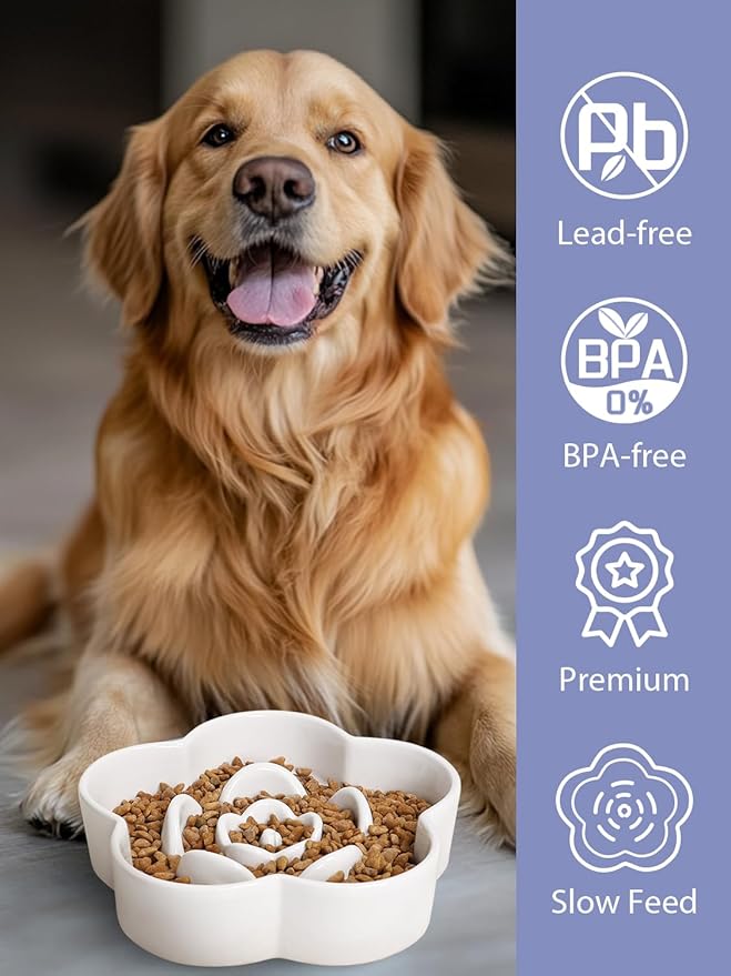 Ceramic Slow Feeder Dog/Cat Bowl, Anti-Choking Slow Food Bowls, 8" 11.3oz Slow Feeder for Medium, Large Breeds, Plum Puzzle Design, Non-Slip Silicone, Dishwasher and Microwave Safe, White