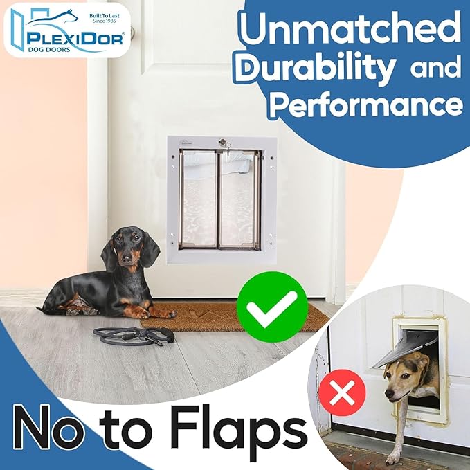 PlexiDor Performance Pet Doors for Dogs and Cats - Door Mount Dog Door with Lock and Key - White, Medium Sizes