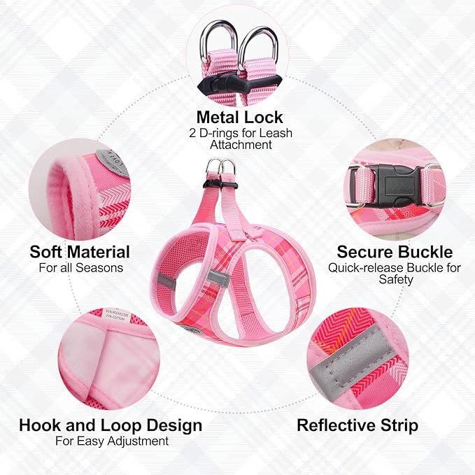 BEAUTYZOO Small Dog Harness and Leash Set, Step in No Choke No Pull Soft Mesh Dog Harnesses Reflective for Small Medium Puppy Dogs and Cats, Plaid Dog Vest Harness for S M Pets, Light Pink L