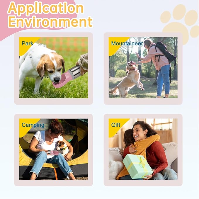 Portable Dog Water Bottle with Food Container, 14 OZ, Stainless Steel Leak Proof Puppy Water Dispenser with Drinking Feeder for Pets Travel, Walking, Hiking and Outdoor Activities