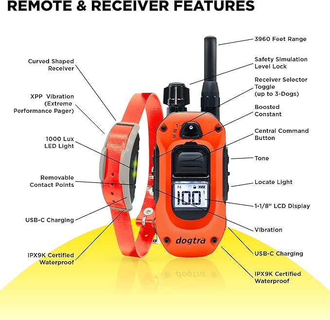 Dogtra 1900X Orange E-Collar for Dog Training - 3/4 Mile Range, for Dogs 35 lbs+, IPX9K Waterproof, 100 Stimulation Levels, Vibration, Tone, Rechargeable - Ideal for Dog Owners and Trainers