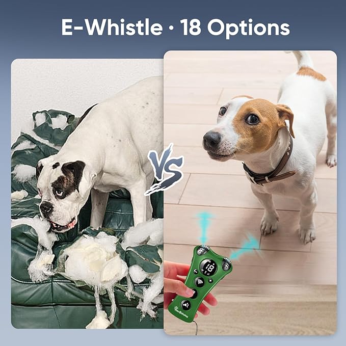 Ultrasonic Dog Bark Deterrent Device –10-Level Adjustable Anti Barking Trainer with Flashlight, Strobe, E-Clicker(18 Whistle Sounds)–No Shock, Collar-Free Dog Behavior Correction Devices