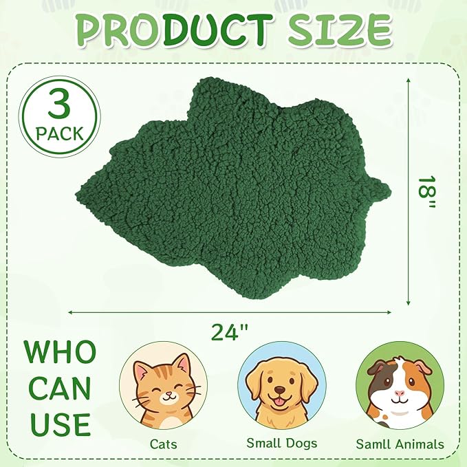 3 Pack Self Warming Cat Dog Bed Leaf Shape Self Heating Pet Mat Non Electric Washable Thermal Sleeping Pad Plush Heated Pet Mat for Crate Floor Indoor Outdoor(Dark Green,Medium-18 x24)