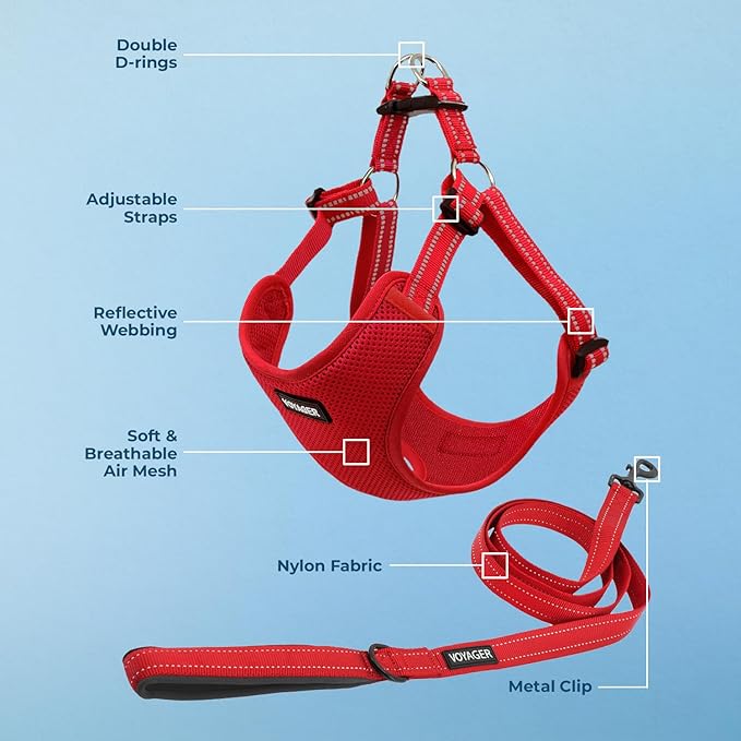Best Pet Supplies Voyager Mesh Dog Breathable Harness Reflective Stitching, All Weather Adjustable for Walking Training, or Running - Heavy Duty & Durable, Harness Leash Set (Red), XL