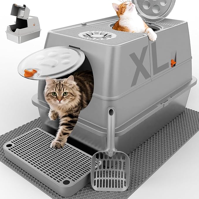 Stainless Steel Litter Box with Lid, XL Extra Large Litter Box, Enclosed Top Entry Metal Litterbox for Big Cats, Easy Cleaning, Less Leakage & High Sided with Mat, Aisle & Scoop, Light Grey