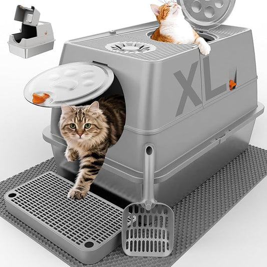 Stainless Steel Litter Box with Lid, XL Extra Large Litter Box, Enclosed Top Entry Metal Litterbox for Big Cats, Easy Cleaning, Less Leakage & High Sided with Mat, Aisle & Scoop, Light Grey