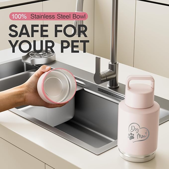 Dog Mom Gift, Insulated Dog Water Bottle with Travel Bowl, for DogLover, Portable Water Bottle Dispenser, Accessories for Car, Hiking, Camping, Outdoor, Leak-Proof, Detachable (DogMom-PalePink)