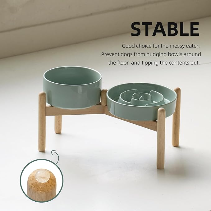 Ceramic 1.2 Cup Raised Slow Feeder Dog Bowl Set, Elevated 6.1inch Bowl and 7.3inch Puzzle Slow Food Dish with Wooden Stand for Medium and Small Dog, Anti-Gulping (2 x Light Green+ Stand)
