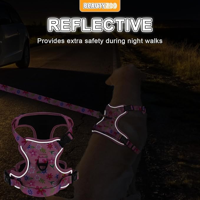 BEAUTYZOO No Pull Dog Harness and Leash Set with 2 Metal Leash Clips - Overhead-Free 3 Snap Buckles Design, Adjustable No-Choke Soft Padded Reflective Oxford Pet Vest for Small Medium Large Dogs, XL