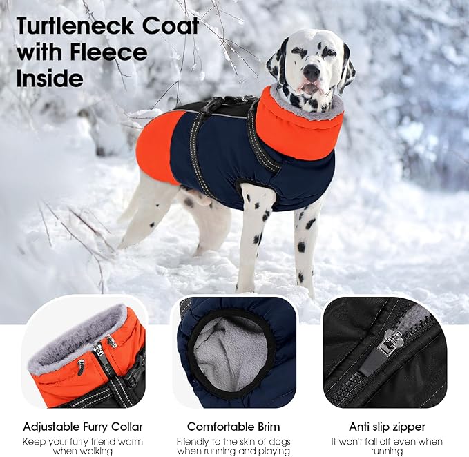 SUNFURA Dog Winter Coat, Warm Dog Coat with Harness for Medium Dogs Boys Girls, Reflective Fleece Lined Pet Winter Jacket Snowsuit for Pug, Jack Russel, Schnauzer, Blue M