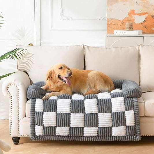 Dog Bed for Couch with Bolster, Comfy Couch Cover for Dogs Washable, Non-Slip Plush Furniture Protector, Calming Fuzzy Lounge Mat, Pet Sofa Accessories (Grey, Large)