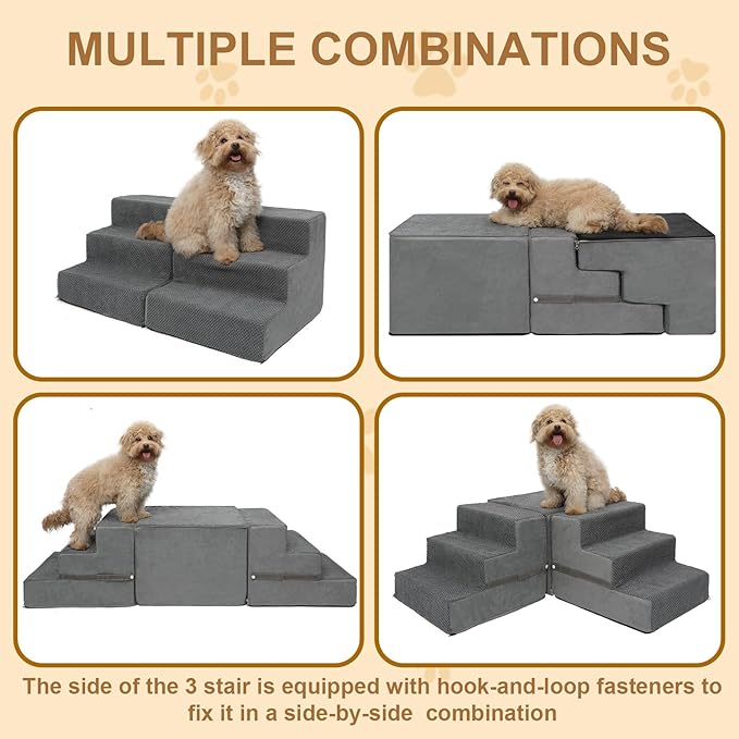 Dog Stairs for Small Dogs, 6-Step Dog Steps for High Bed, High-Density Foam Pet Stairs with Non-Slip Removable Washable Cover to Get on Bed