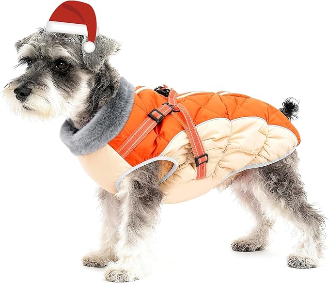 Dog Winter Coat with Harness, Dog Jacket, Pet Clothes with Zipper on Back, Waterproof Windproof Warm Vest, Reflective Cold Weather Coats, for Small Medium Large Dogs, Thick, Orange, XS