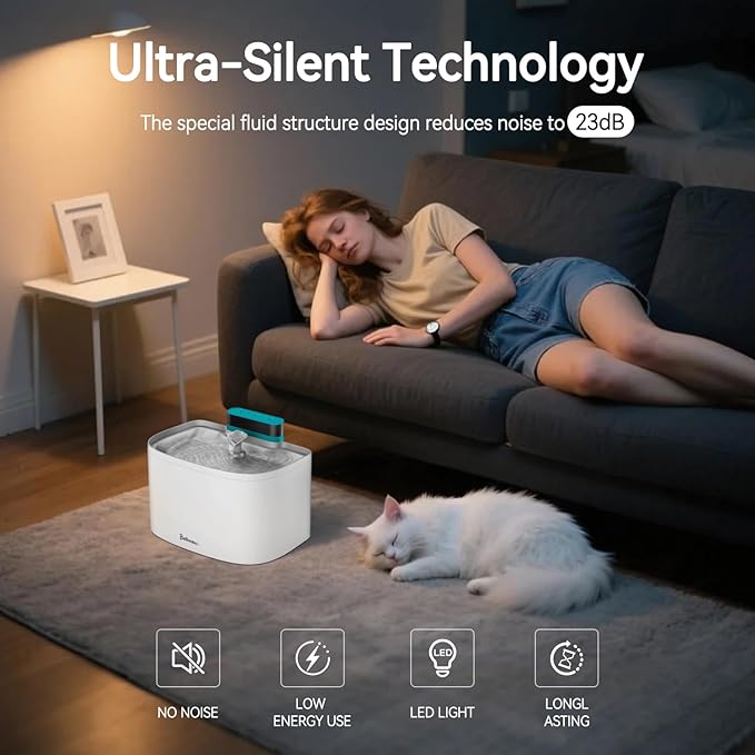 Cat Water Fountain, App Control Wireless Cat Fountain, 122oz/3.6L Pumpless Water Fountains for Cats Indoor with Stainless Steel Tray, Wi-Fi Dog and Pet Water Fountain (White, Fountain+2 Fliters)