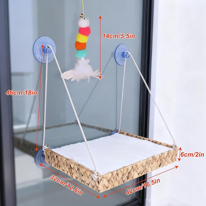 Cat Window Perch with 4 Strong Suction Cups and Ball Toy, Handwoven Straw Cat Window Hammock Sturdy Hanging Bed Seat Soft Cushion for Indoor Cats