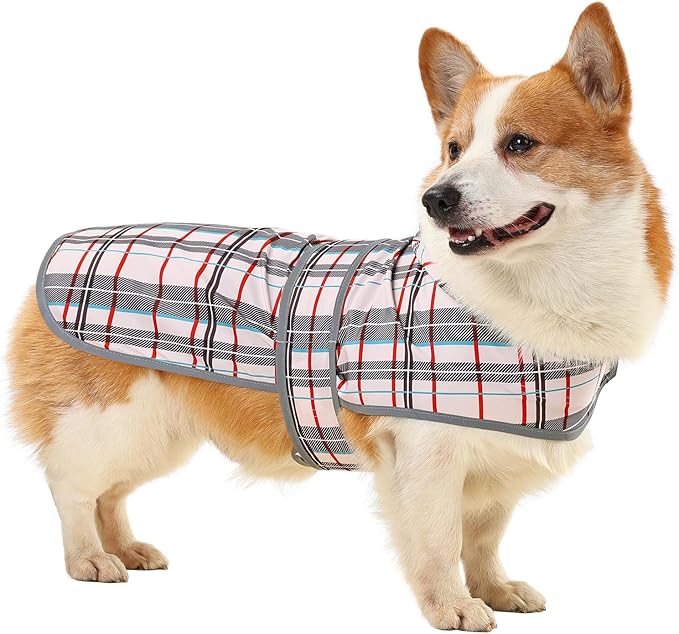 Dog Raincoats for Large Dogs Waterproof Hooded Rain Jacket with Reflective Strips Leash Hole & Poncho Adjustable Fit (Plaid,L)
