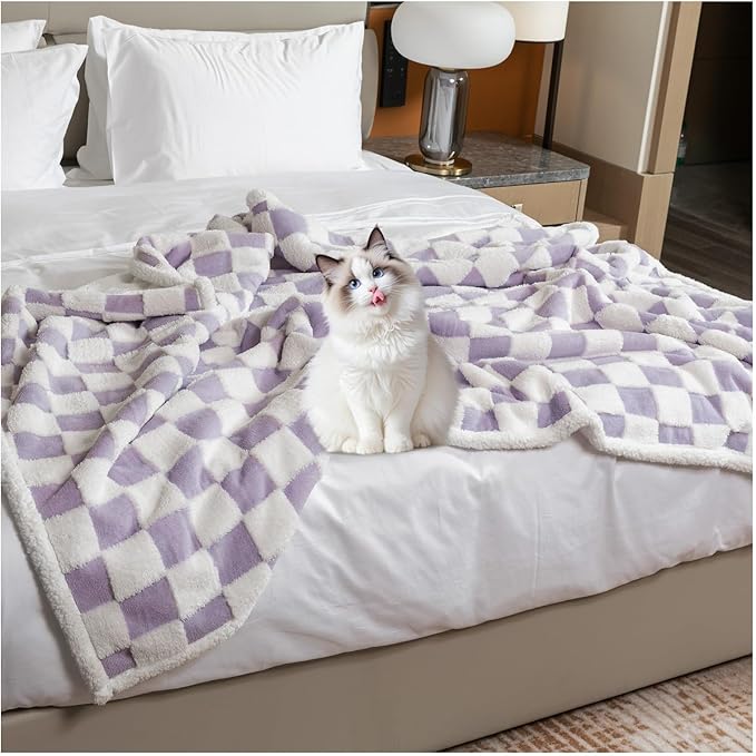 Waterproof Pet Blanket,Purple Checked Dog Blankets for Bed Covers Couch Sofa Stylish Jacquard Pets Throw Blankets for Puppy Cats Washable Reversible Furniture Protection Covers (Purple Check,M)