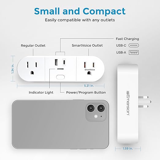 Emerson SmartVoice 4-in-1 Wall Plug, Offline 30+ Voice Control Commands, No APP, No WiFi, No Setup, Smart Outlet w/ 2 AC Outlets, USB-A & USB-C Ports, Sleep & Wake Timer, ETL