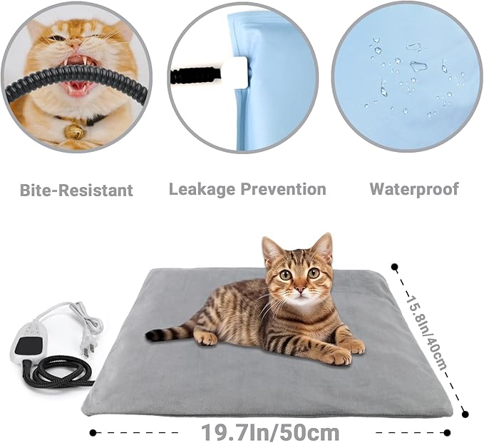 Pet Heating Pad for Dogs and Cats with Temperature Adjustment and Timer, Indoor Outdoor Heated Bed with Overheating Protection for Cat Dog House
