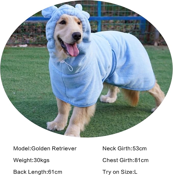 Pet Bathrobe for Dog Cat Absorbently Quick Drying Coat Cute Dogs Bath Towel Hooded Robe Adjustable Collar & Belly Strap for Pool Beach (Blue, Small)