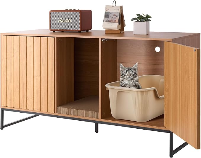 VEVOR Cat Litter Box Enclosure Furniture, 47.2 in Hidden Litter Box Cabinet with Scratch Pad & Storage, Waterproof Cat Washroom End Table Cat House, Fit Most of Litterbox, for Bedroom Living Room