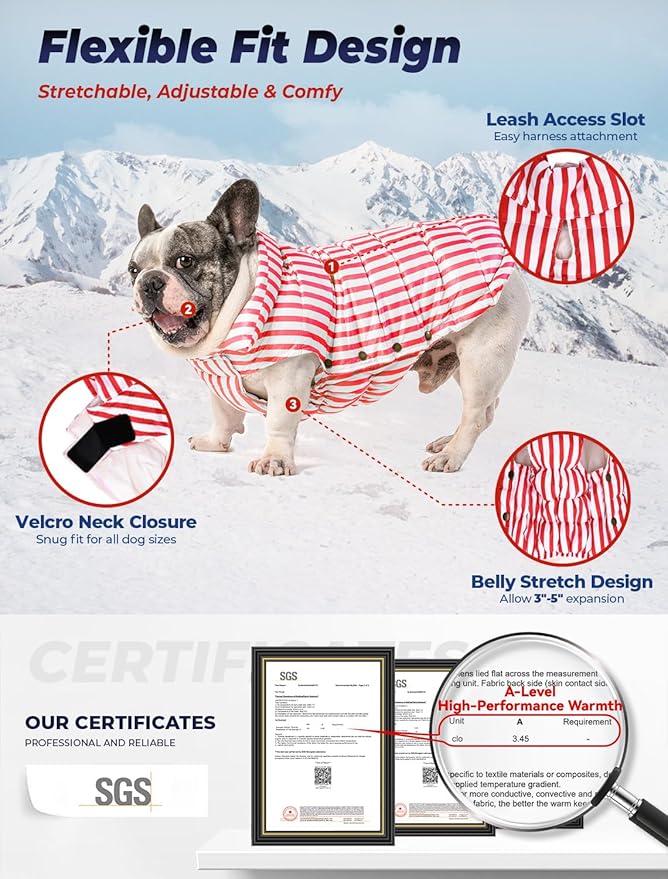 SPACE LION Dog Puffer Jacket, Down Winter Coat, Durable Outdoor Coat for Cold and Windy Conditions, Lightweight & Adjustable Fit Coats for Large Dogs, (RedStripe, Size26/3XL)