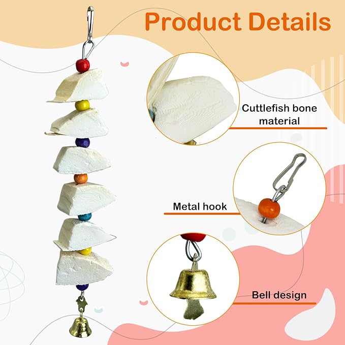 3 Pack Bird Chewing Toy Cuttlebone Parrot Toy with Bell Hanging Bird Beak Grinding Stone Parakeet Cage Accessories for Small & Medium Budgies Lovebirds Cockatiels (Block, 6 Per Skewer)