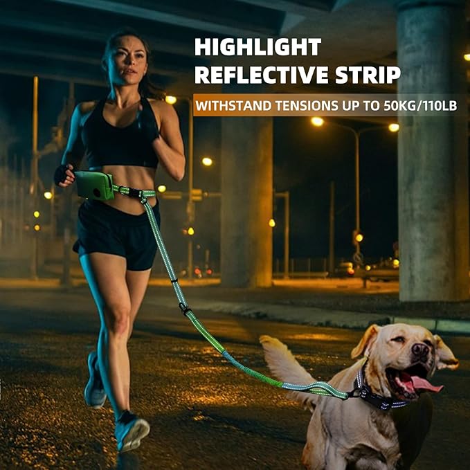 Roses&Poetry Hands Free Dog Leash with Zipper Pouch, 6-9ft Bungee Waist Leash for Medium Large Dogs Walking, Running Lead with Dual Padded Handles Car Safety Buckle for Training Jogging