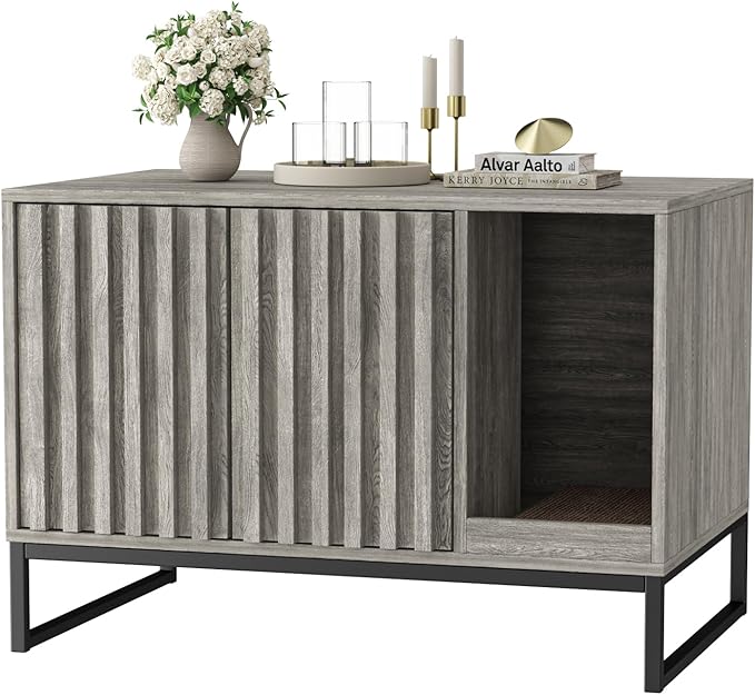 Litter Box Enclosure, Modern Cat Litter Box Enclosure Furniture Hidden Litter Box with Cat Scratch Pad, Cat Washroom Cat House End Table, Entryway Bench for Livingroom (Grey)