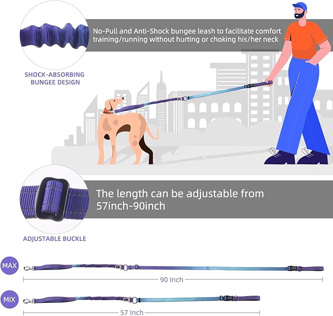 Roses&Poetry Hands Free Dog Leash for Medium Large Dogs Heavy Duty, No Pull Bungee Dog Running Waist Leash for Walking Training with Car Seatbelt 4-6FT