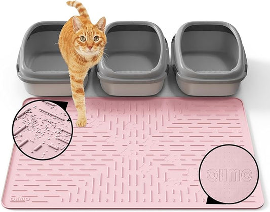 OHMO Cat Litter Mat Trapping Mat Premium Silicone 37.5x25.2，Pink, Waterproof and BPA Free Kitty Litter Box Mat, Easy to Clean and Keeps The Floor Tidy