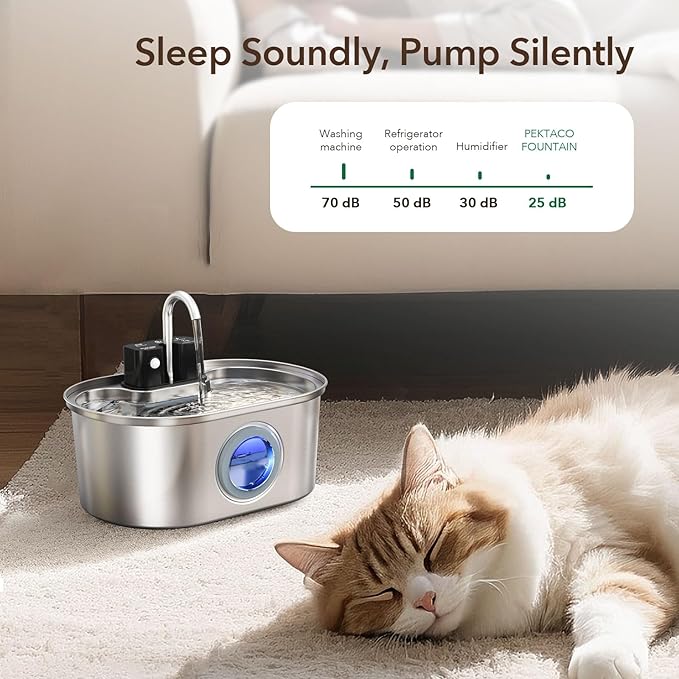 Stainless Steel Cat Water Fountain 108oz/3.2L:Battery Operated Wireless Cat Fountains for Drinking Indoor, Automatic Pet Water Dispenser with Ultra Quiet Pump,Multi-Filtration,Easy Clean BPA-Free