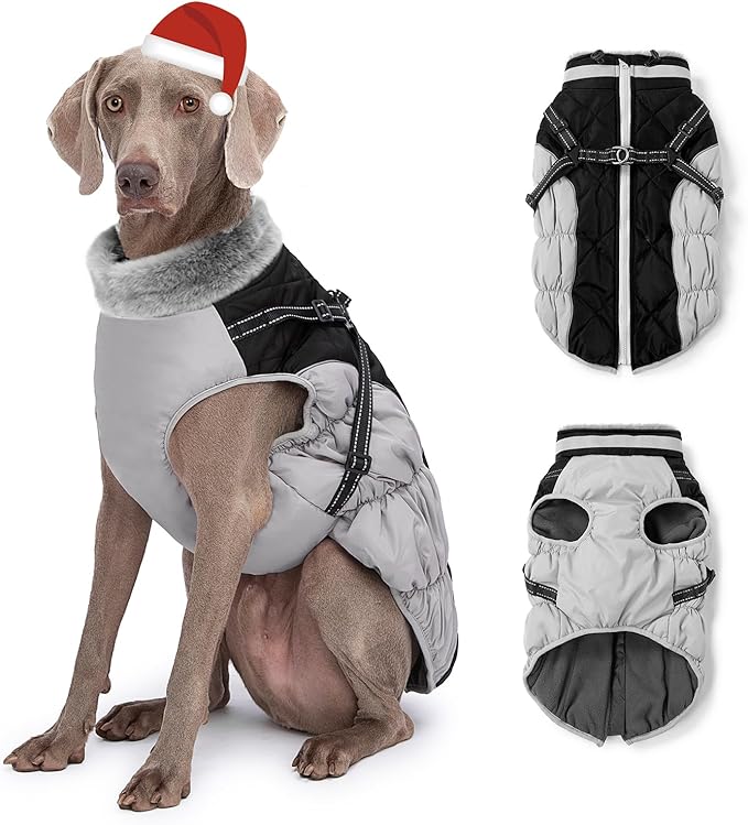 Dog Winter Coat with Harness, Dog Jacket, Pet Clothes with Zipper on Back, Waterproof Windproof Warm Vest, Reflective Cold Weather Coats, for Small Medium Large Dogs, Thick, Black, 3XL
