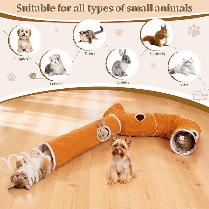 Ownpets 2-in-1 Cat Tunnel, Large Lollipop Shape Cat Tunnel Toy with Fluffy Balls, Spiral Toy, Plush Collapsible Cat Cave Hideout Donut Tunnel for Multi Kitten Puppy Rabbit (Orange)